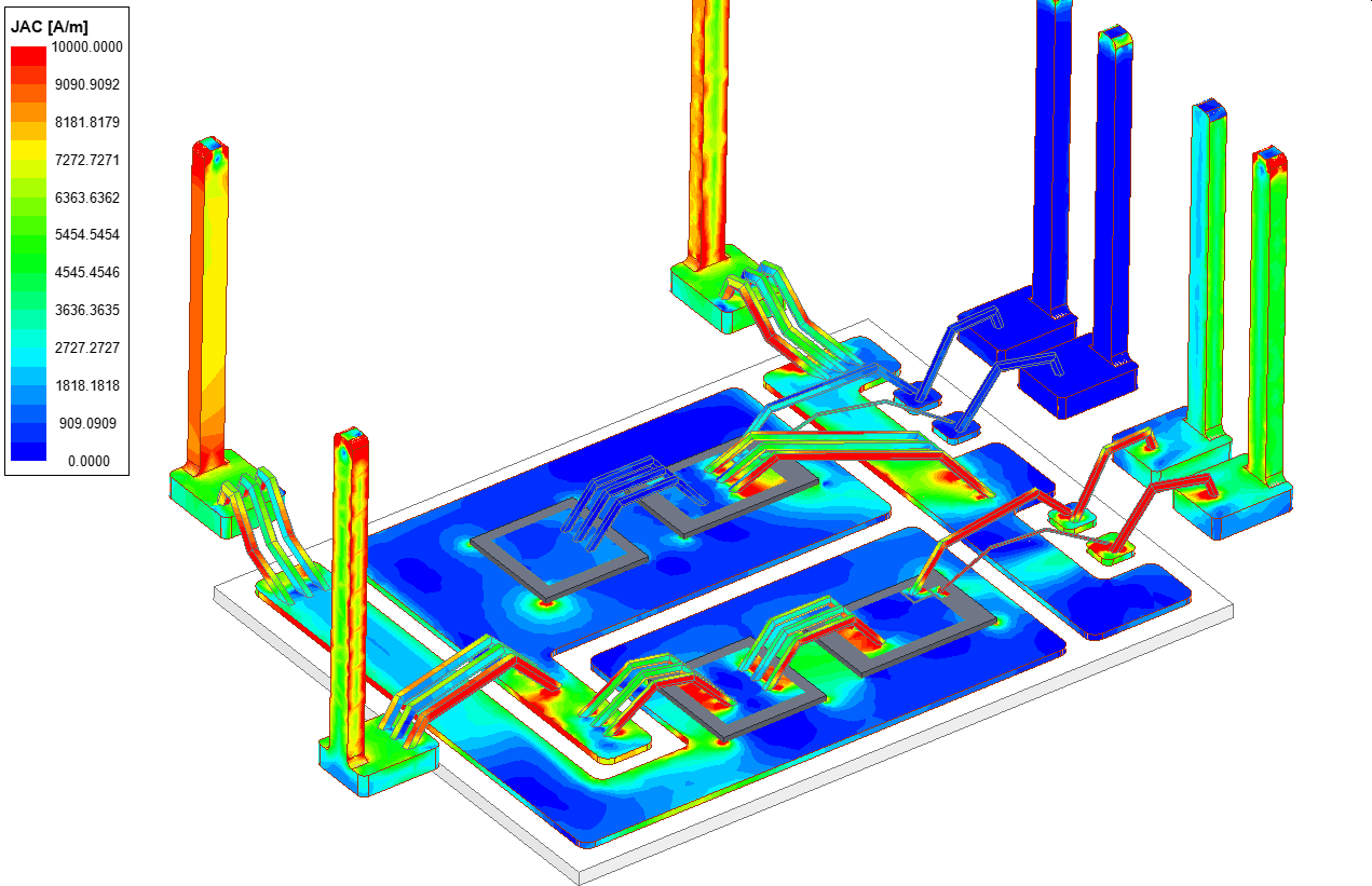 The surface current density in the power module at 500kHz.